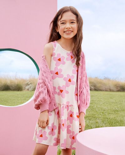 Sleeveless Drop Waist Peplum Dress in Pink Flowers on Ecru - main