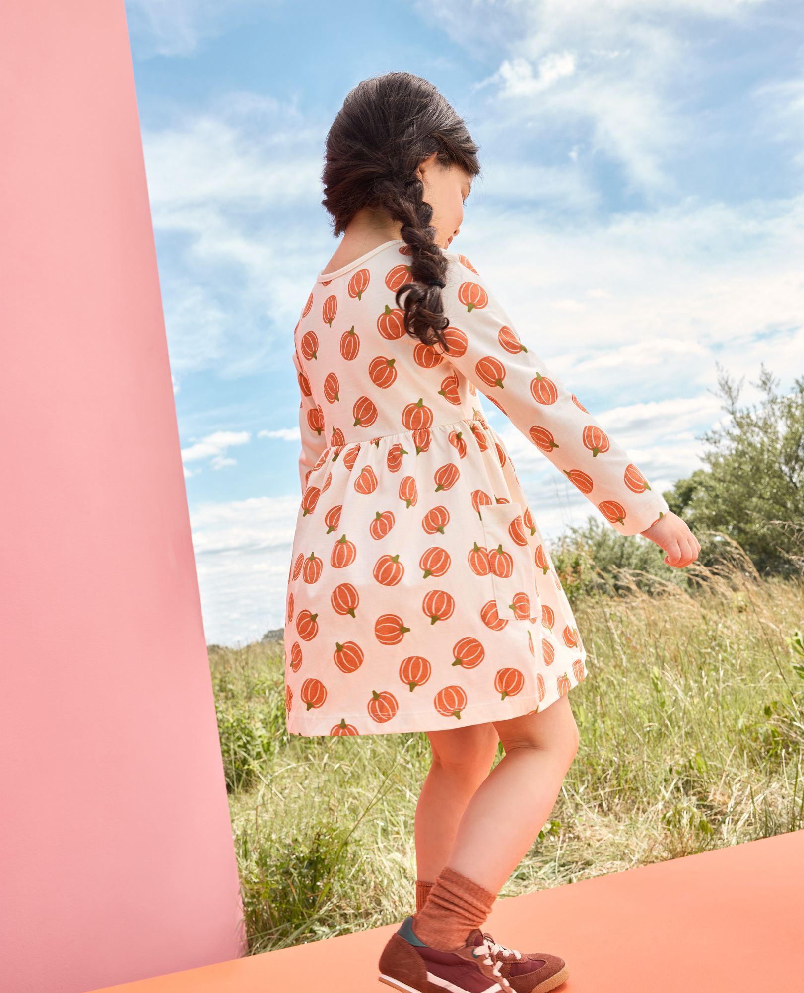 Halloween Long Sleeve Playground Dress with Pockets in Tossed Pumpkins - main