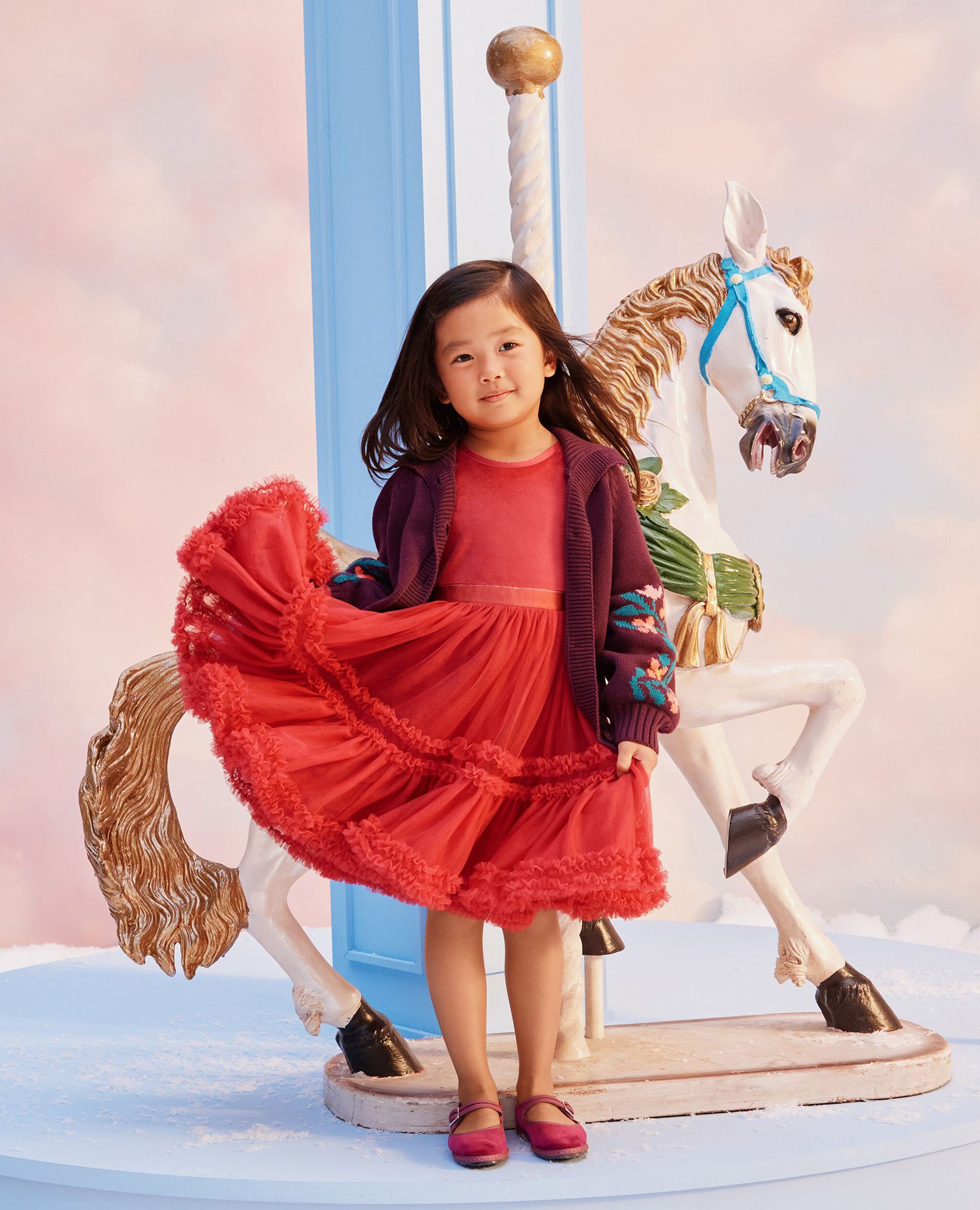 Long Sleeve Velour Tulle Tiered Dress in Raspberry - main