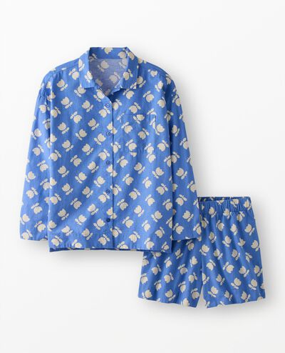 Women's Long Sleeve Linen Pajama Set in Tossed Tulips on Blue - main