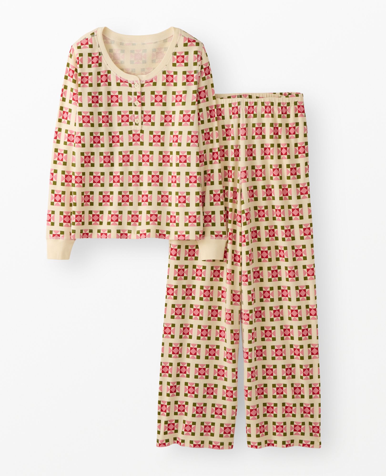 Women's Holiday Long Sleeve Waffle Henley Pajama Set in Quilted Stars on Almond Oil - main