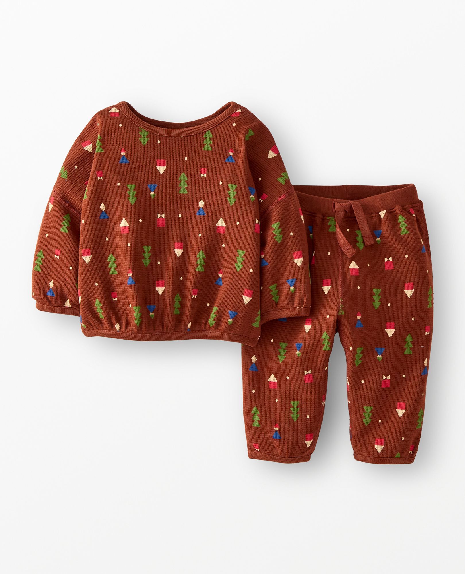 Baby Long Sleeve Waffle Top & Pants Set in Forest Gnomes on Brown - main