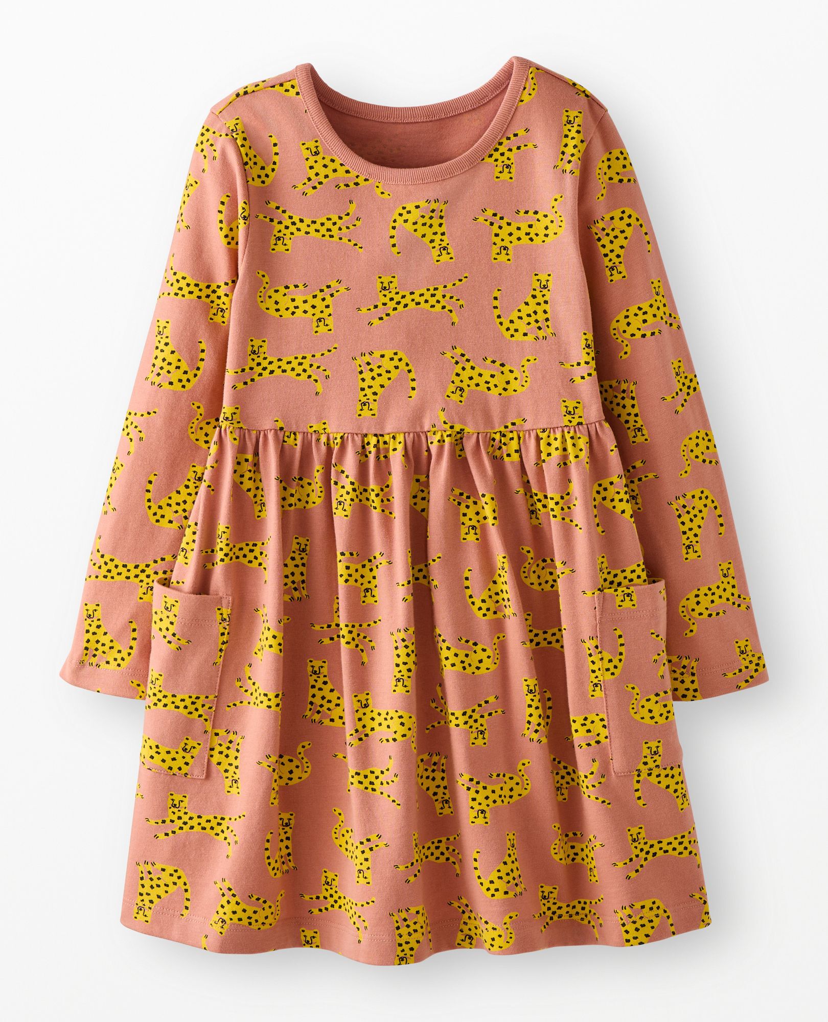 Long Sleeve Playground Dress with Pockets in Yellow Romy the Cheetah on Brown - main