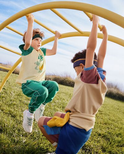Relaxed Fit French Terry T-Shirt & Shorts Set in Blue/Brown/Khaki Colorblock - main