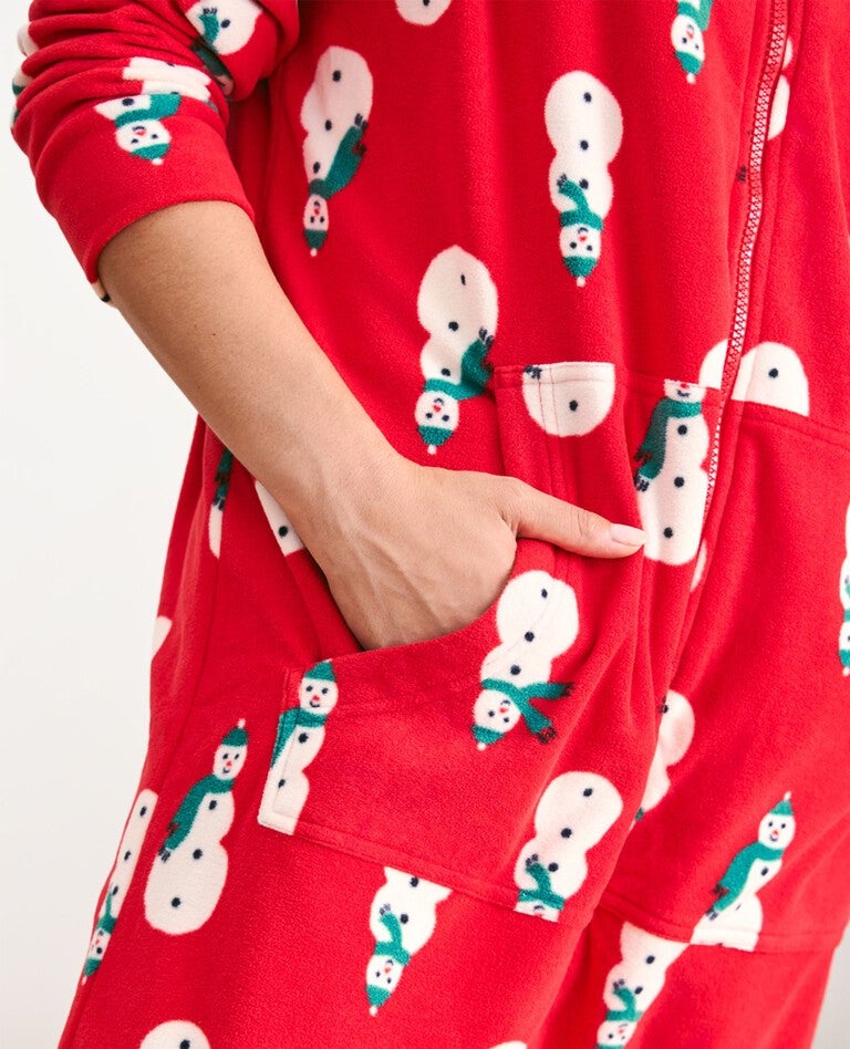 Adult Holiday Fleece Hooded Jumpsuit in Snowmen on Red - main