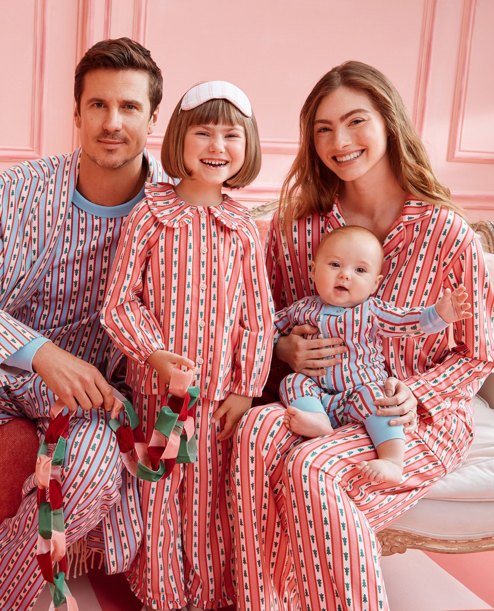 Holiday HannaJams™ Sleeper in Tree Ribbons on Blue - main