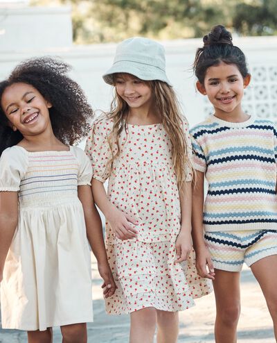 Seersucker Tiered Dress in Tiny Tulips on Ecru - main