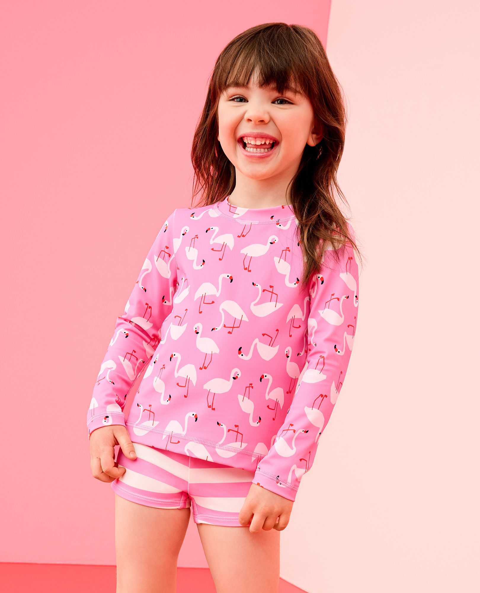 Rashguard Top & Shorts Set in Flamingos on Azalea Pink - main