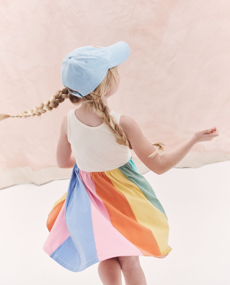 Sleeveless Rainbow Paneled Skater Dress with Pockets in Technicolor Sunset - main