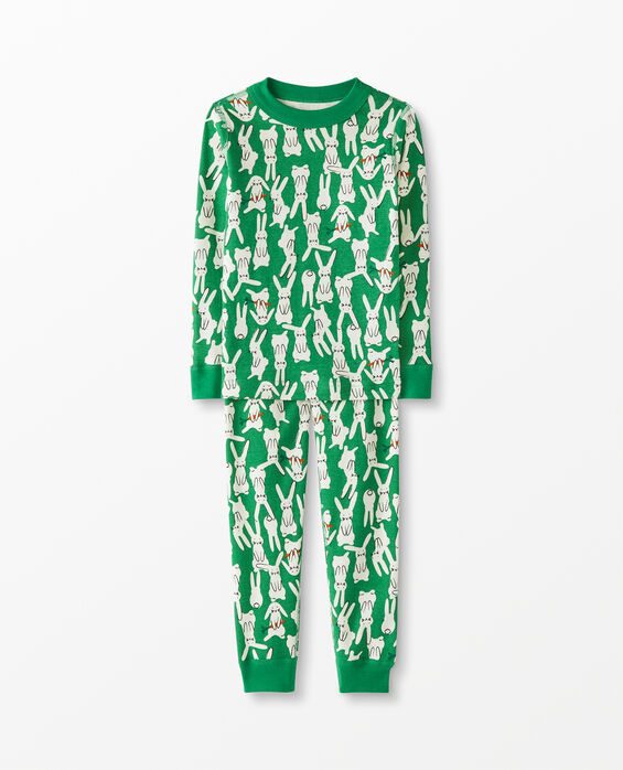 green long john pajamas with a white bunny print