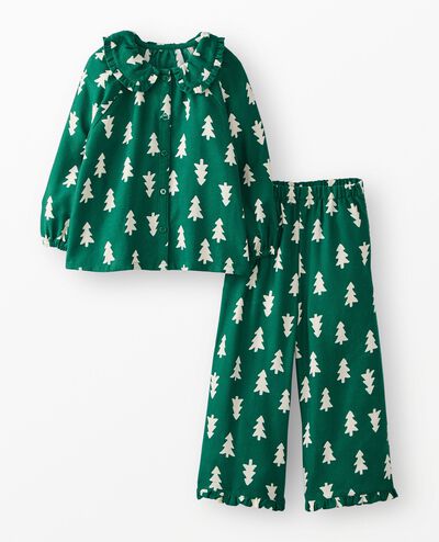 Holiday Ruffle Flannel Pajama Set in Happy Trees on Green - main