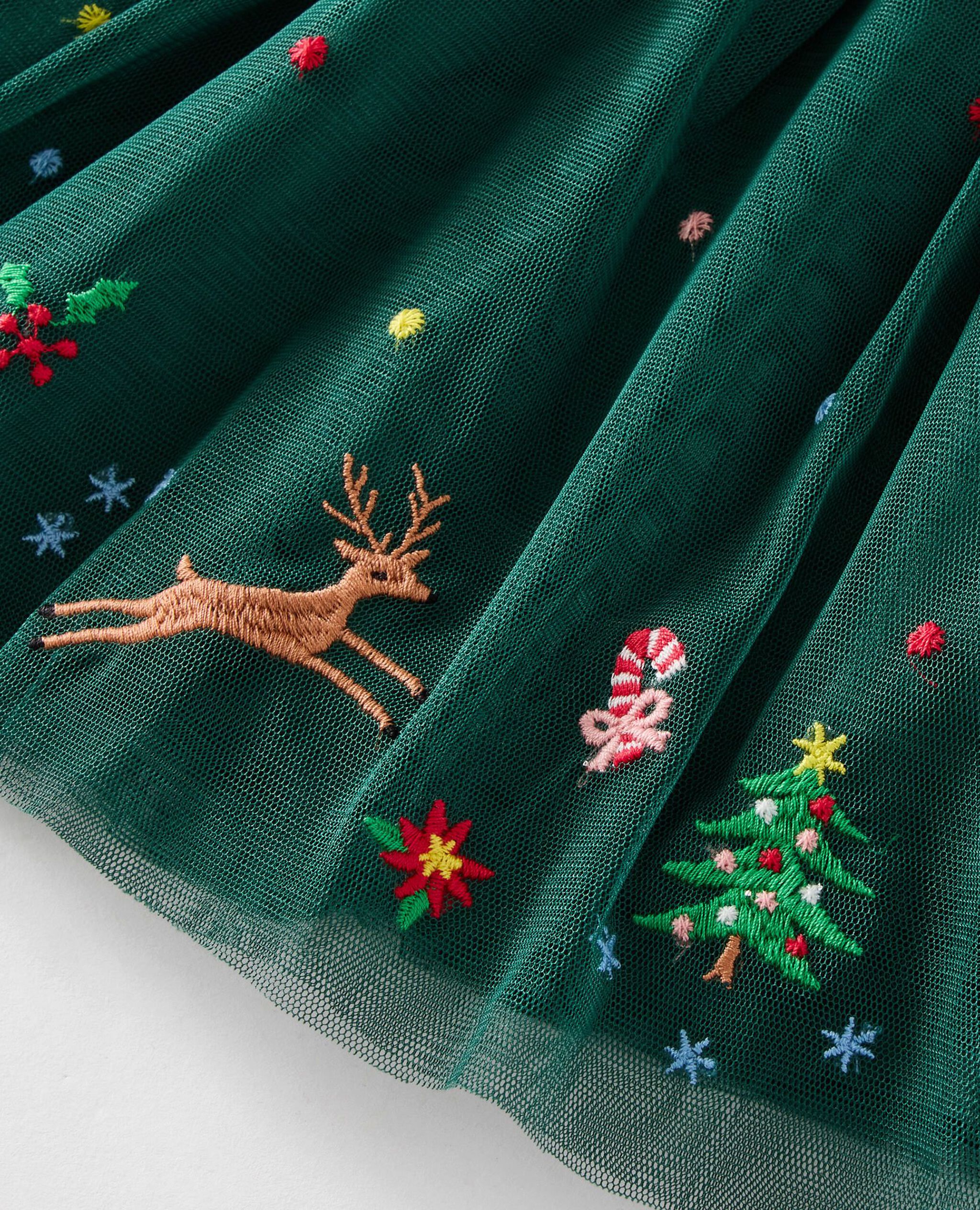 Baby Long Sleeve Tulle Embroidered Dress in Reindeer on Malachite - main
