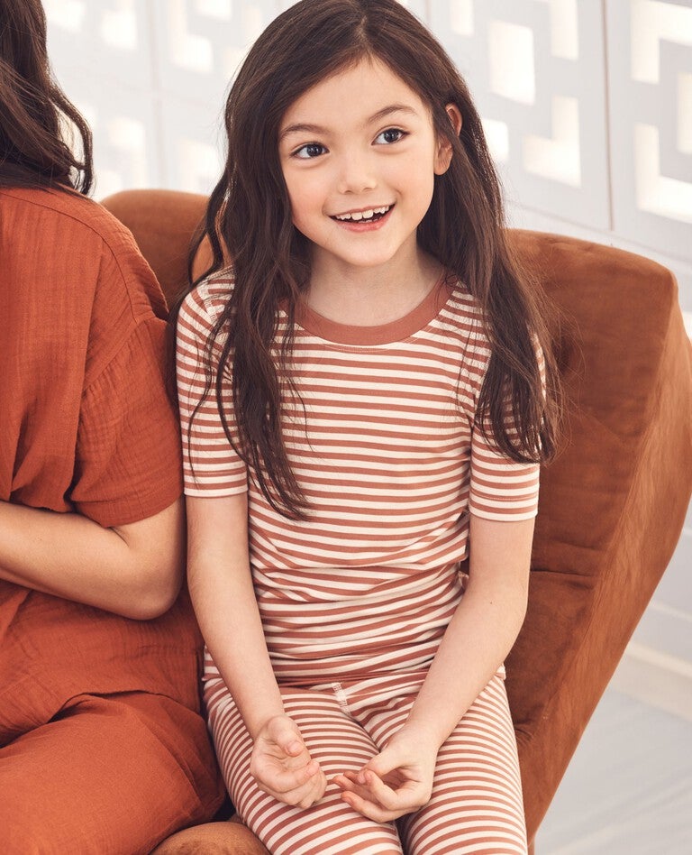 Kids Striped Short Sleeve Pajama Set in HannaSoft™ in Rose Dawn/Ecru - main