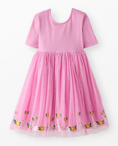 Tulle Embroidered Skater Dress in Springtime Bunnies on Pink - main