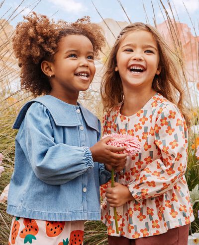 Long Sleeve Poplin Peplum Shirt in A Field of Flowers on Ecru - main