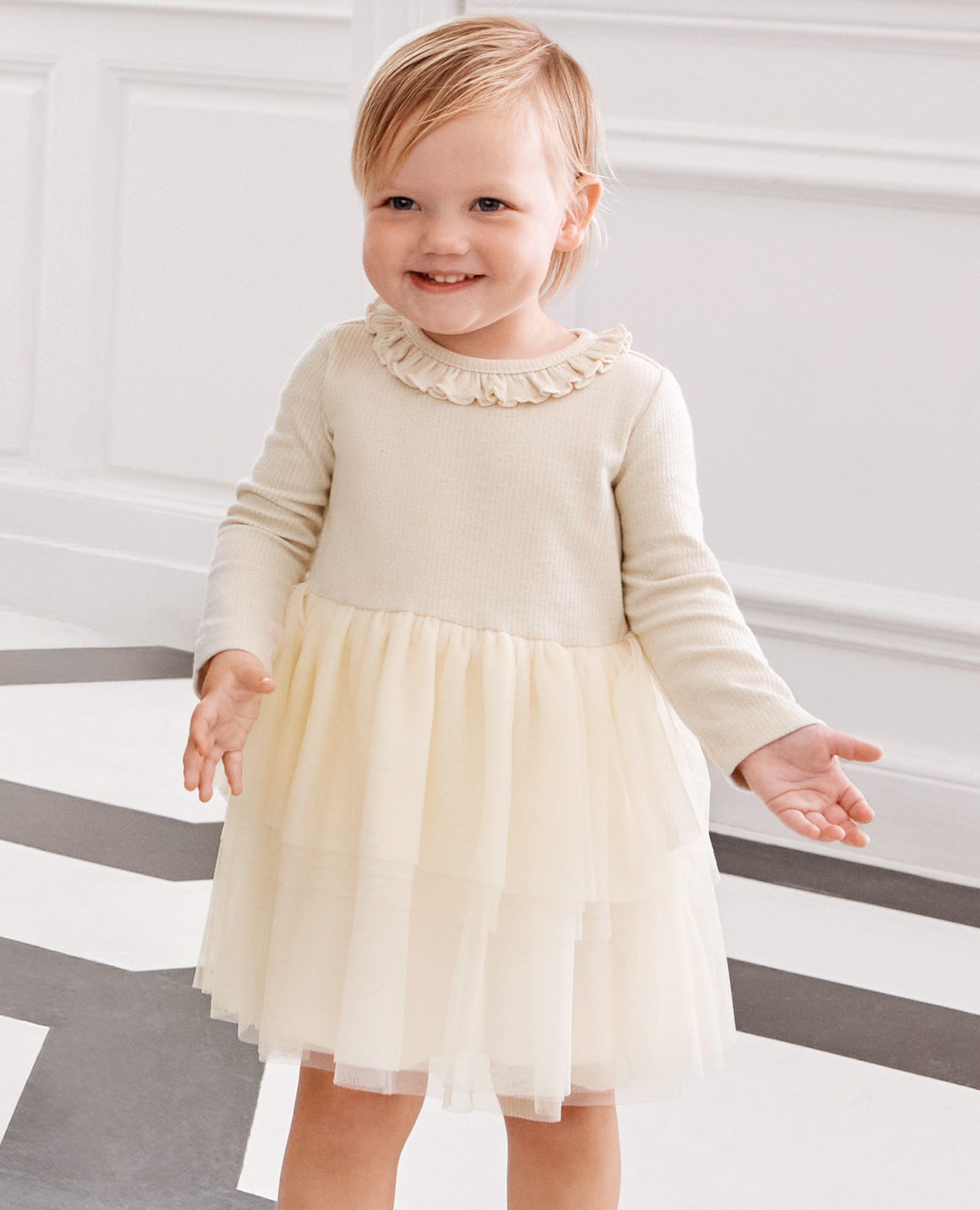 Baby Long Sleeve Tulle Sparkle Dress in Ecru - main