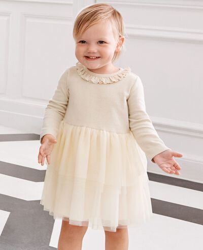 Baby Long Sleeve Tulle Sparkle Dress in Ecru - main