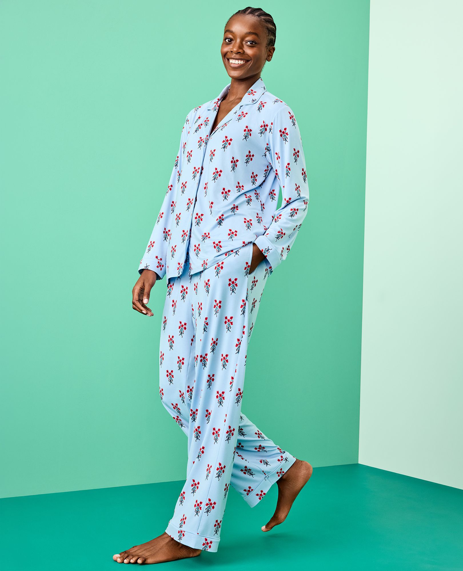 Women's Holiday Long Sleeve HannaSoft™ Pajama Set in Bouquets on Powder Blue - main