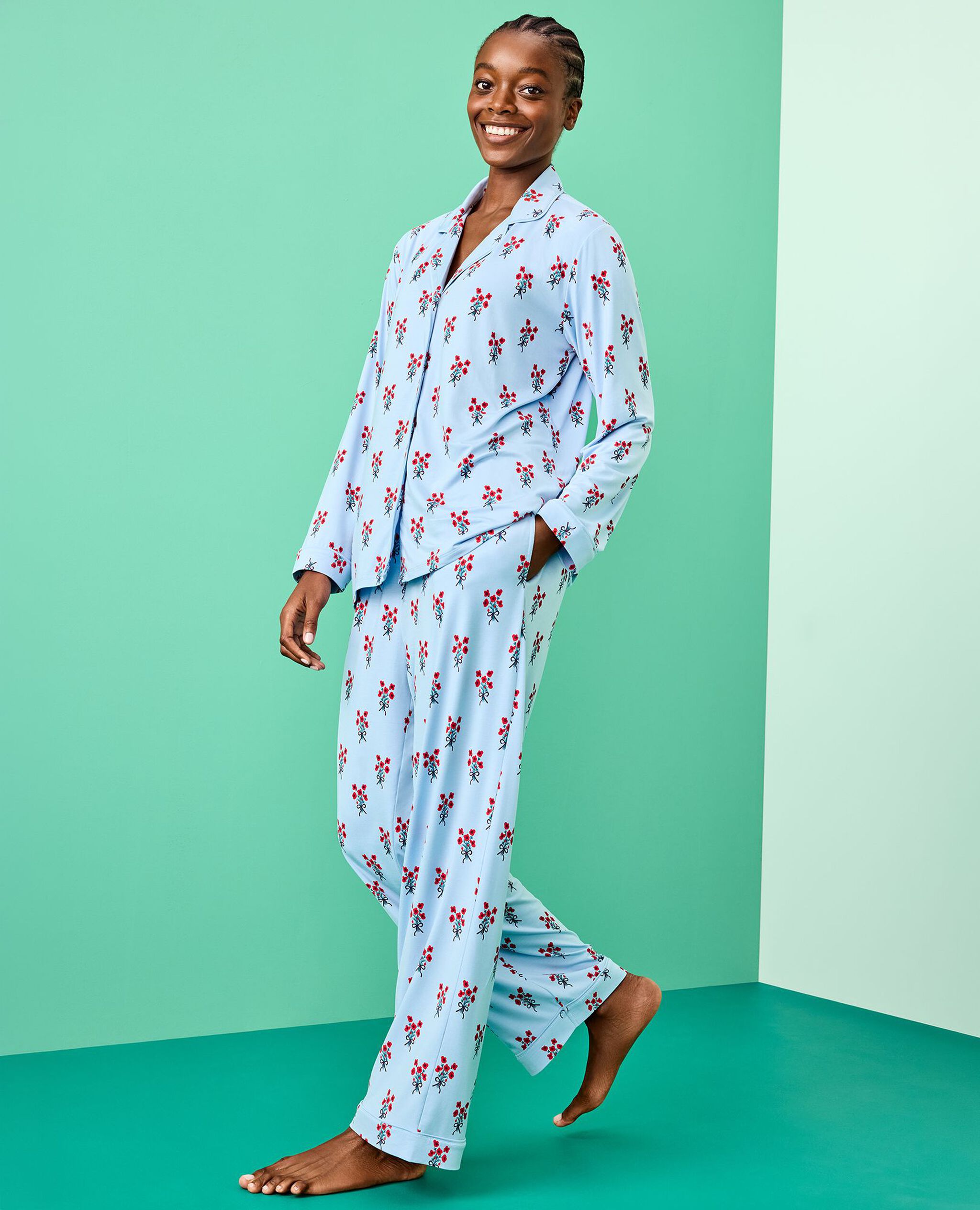 Women's Holiday Long Sleeve HannaSoft™ Pajama Set in Bouquets on Powder Blue - main