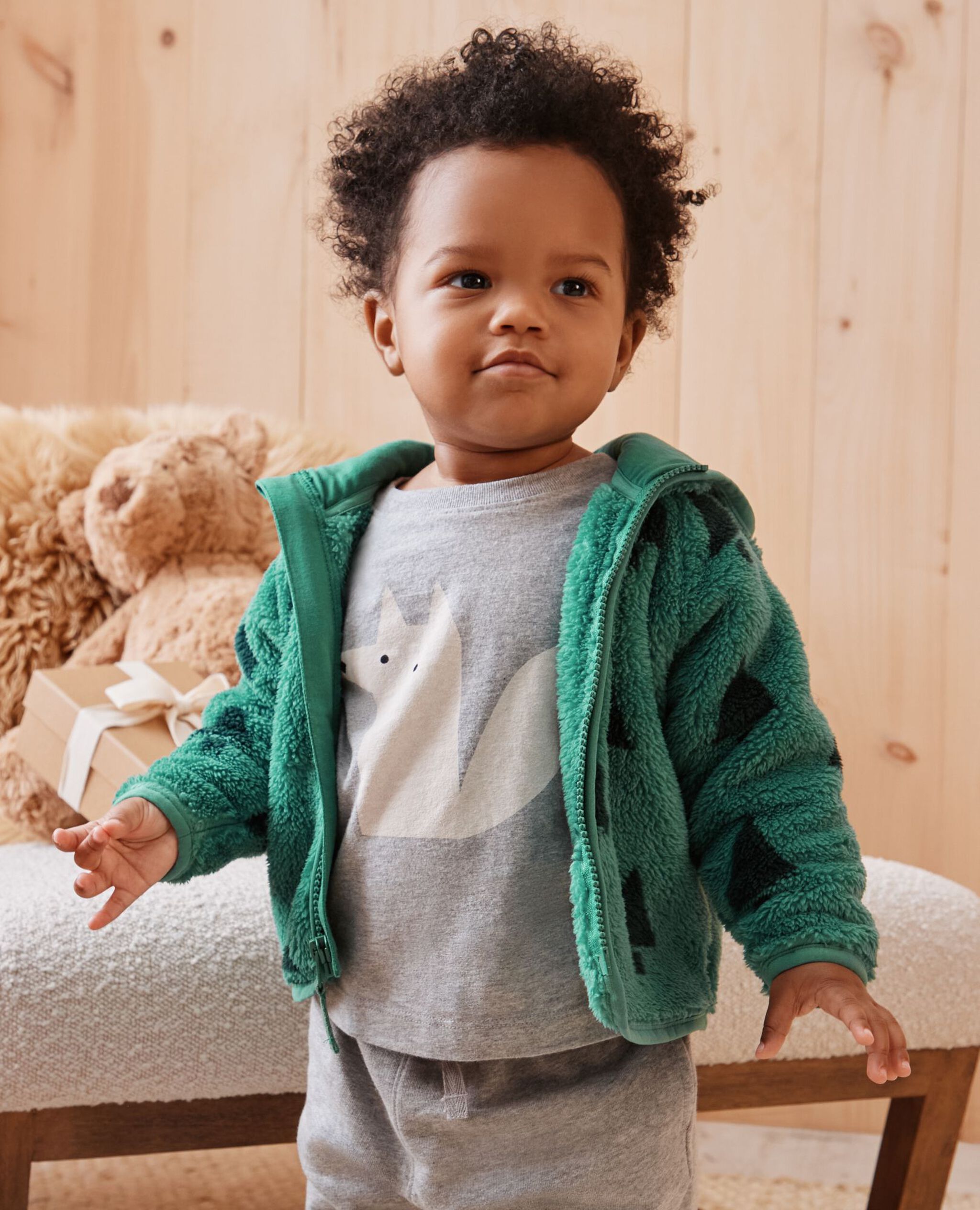Baby Holiday Marshmallow Fleece Jacket in Happy Green Trees on Green - main