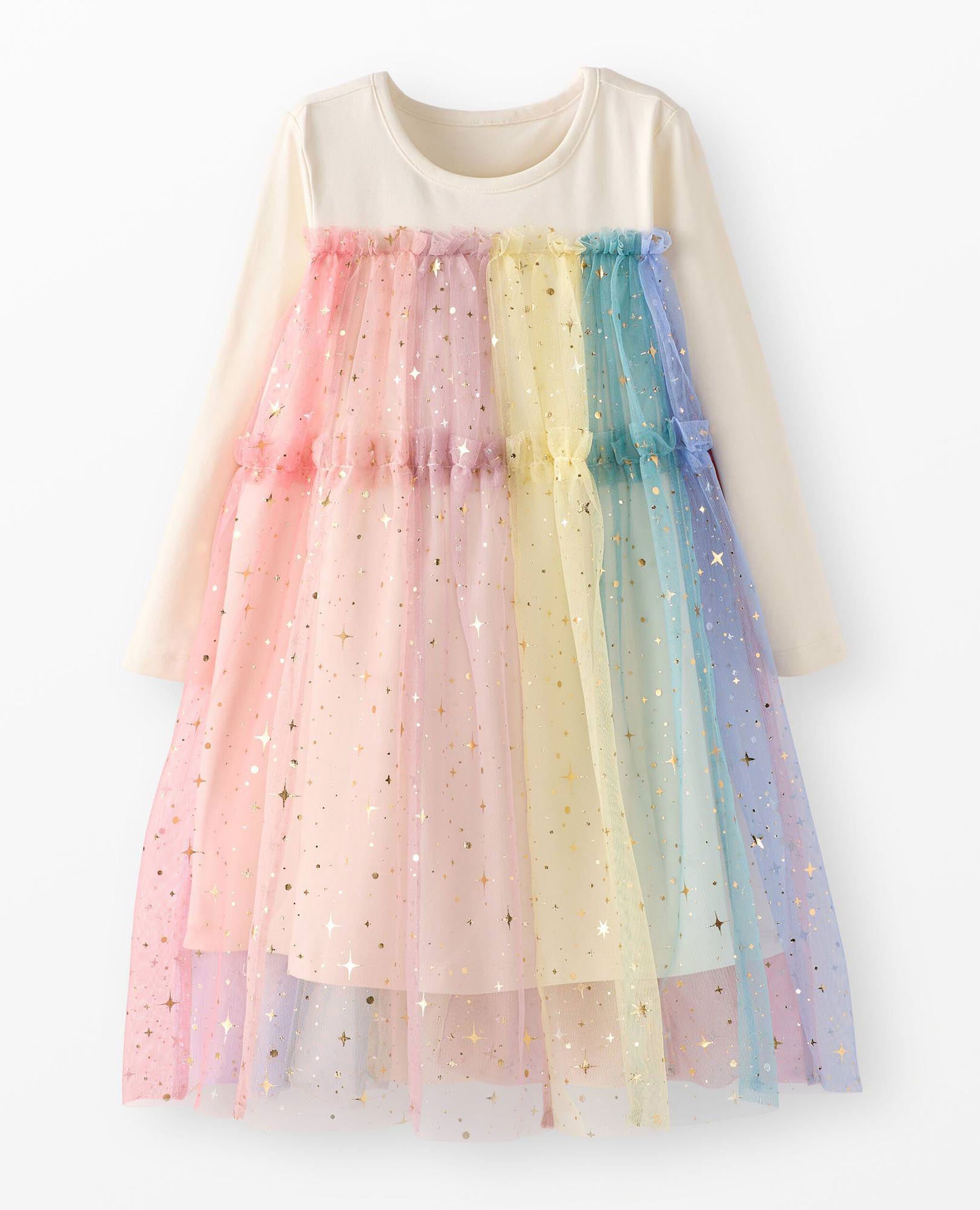 Long Sleeve Tulle Rainbow Dress in Gold Stars on Rainbow - main