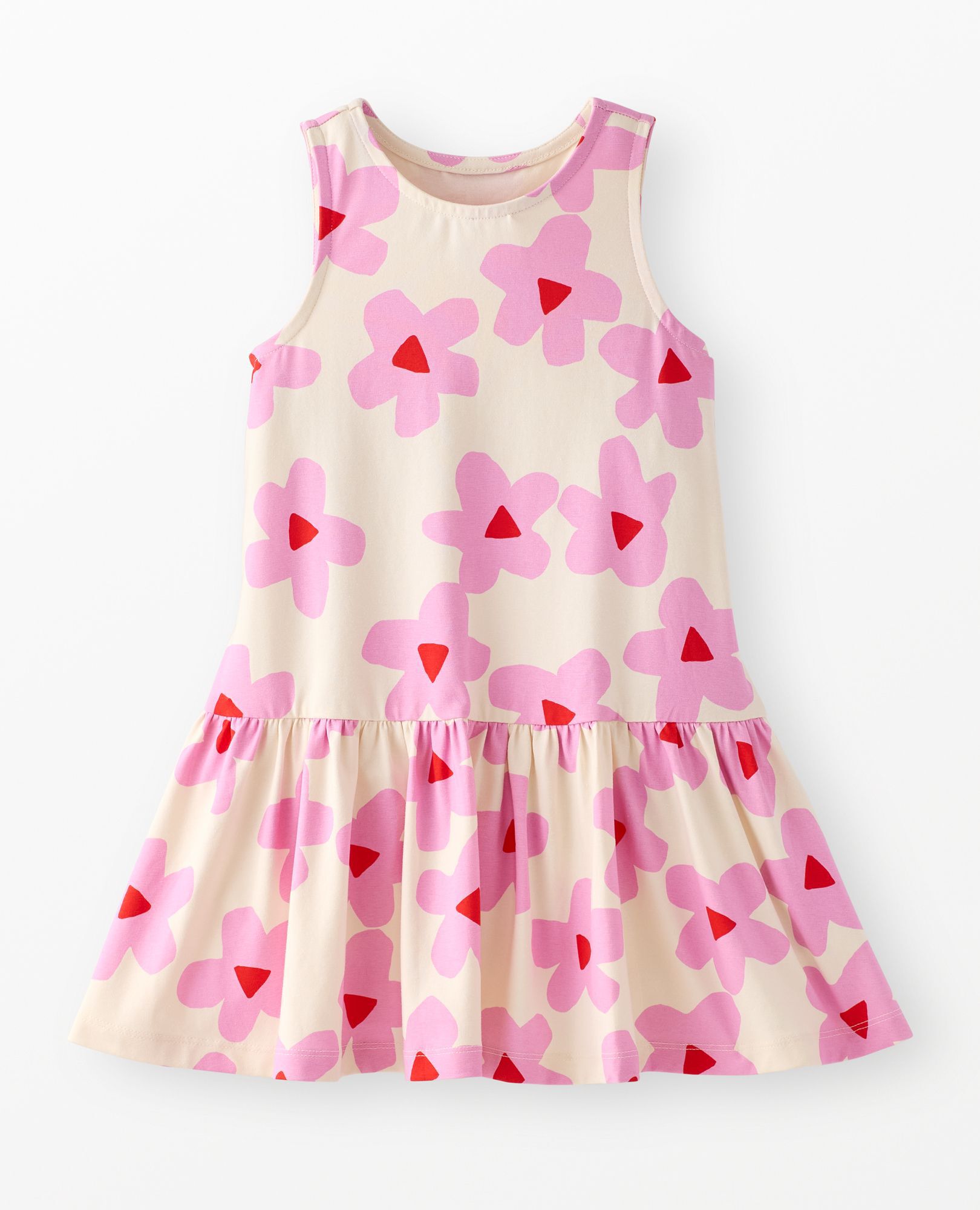 Sleeveless Drop Waist Peplum Dress in Pink Flowers on Ecru - main