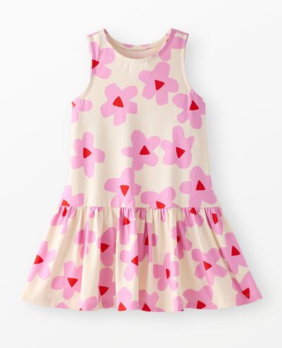 Sleeveless Drop Waist Peplum Dress in Pink Flowers on Ecru - main