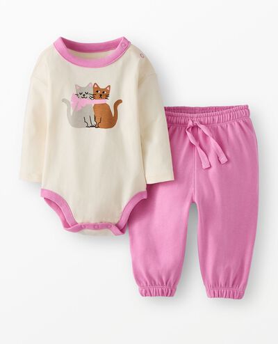 Baby Bodysuit & French Terry Sweatpants Set in Cat Buddies on Ecru - main