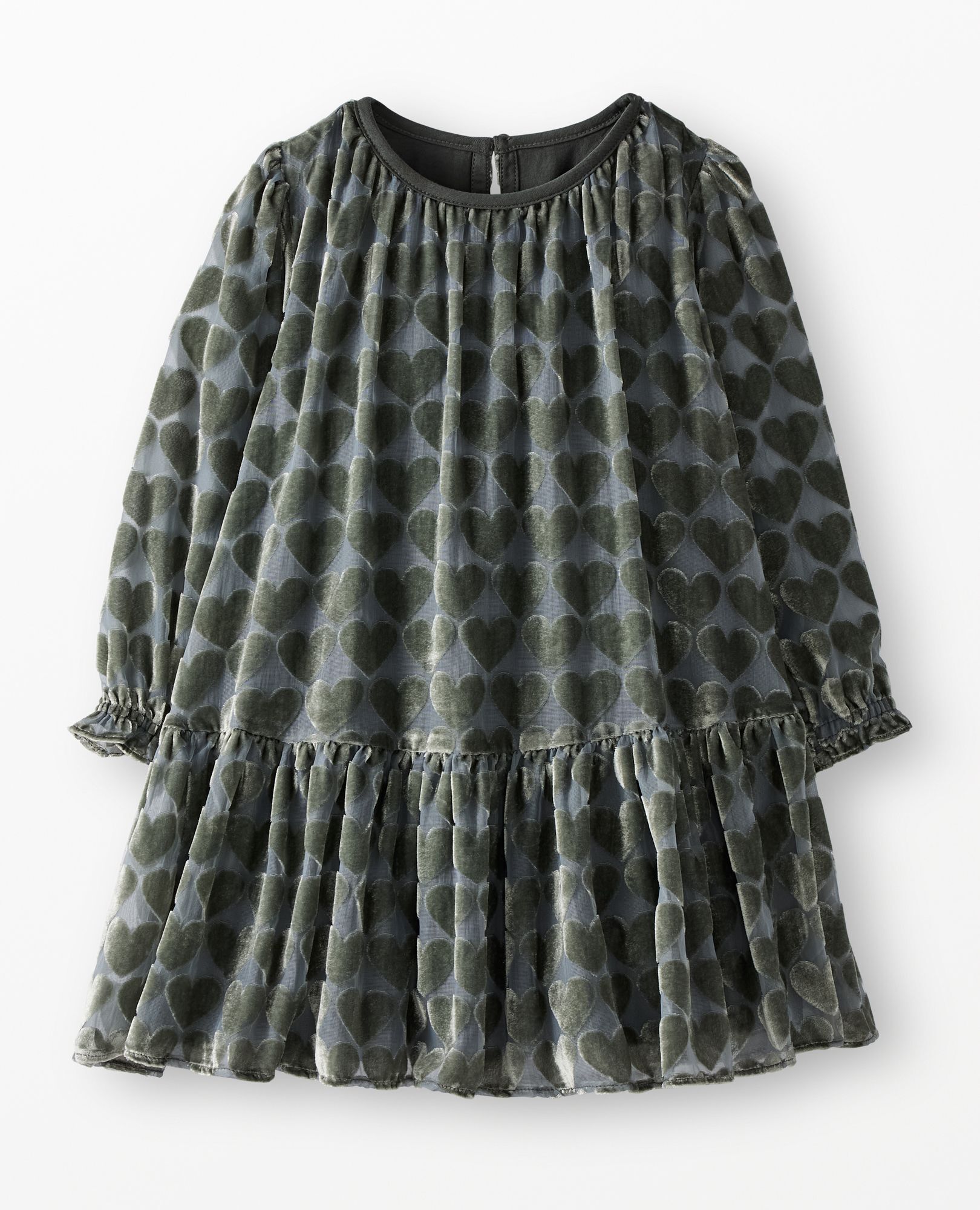 Balloon Sleeve Velvet Tiered Dress in Hearts on Green - main