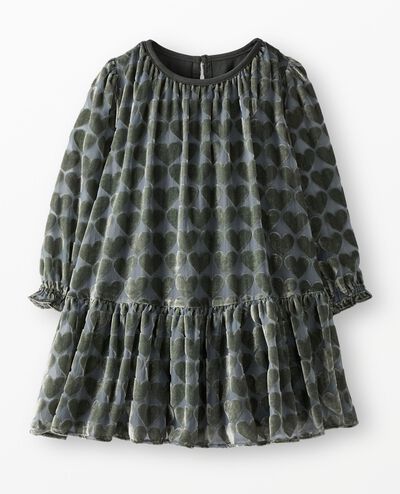 Balloon Sleeve Velvet Tiered Dress in Hearts on Green - main