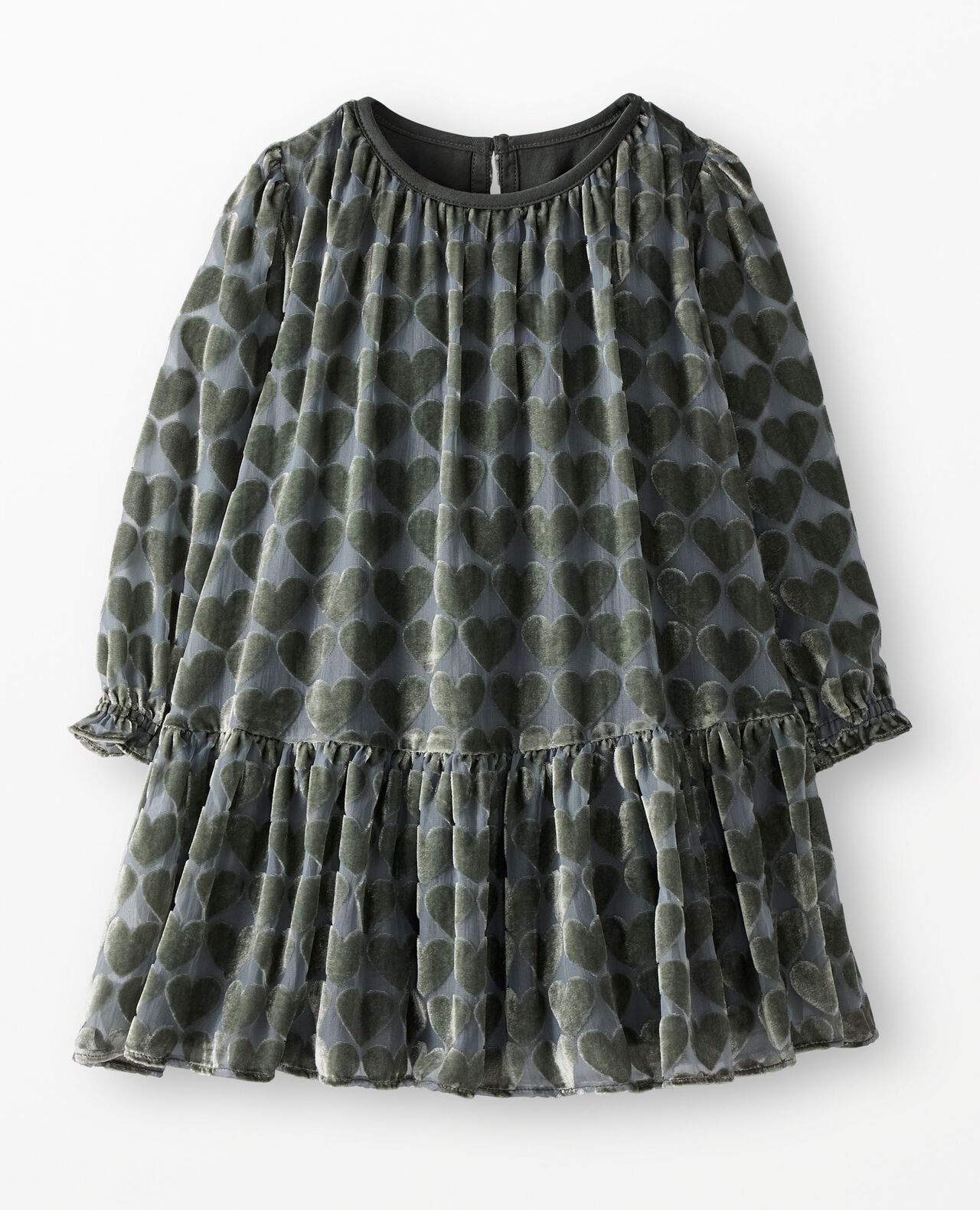 Balloon Sleeve Velvet Tiered Dress in Hearts on Green - main