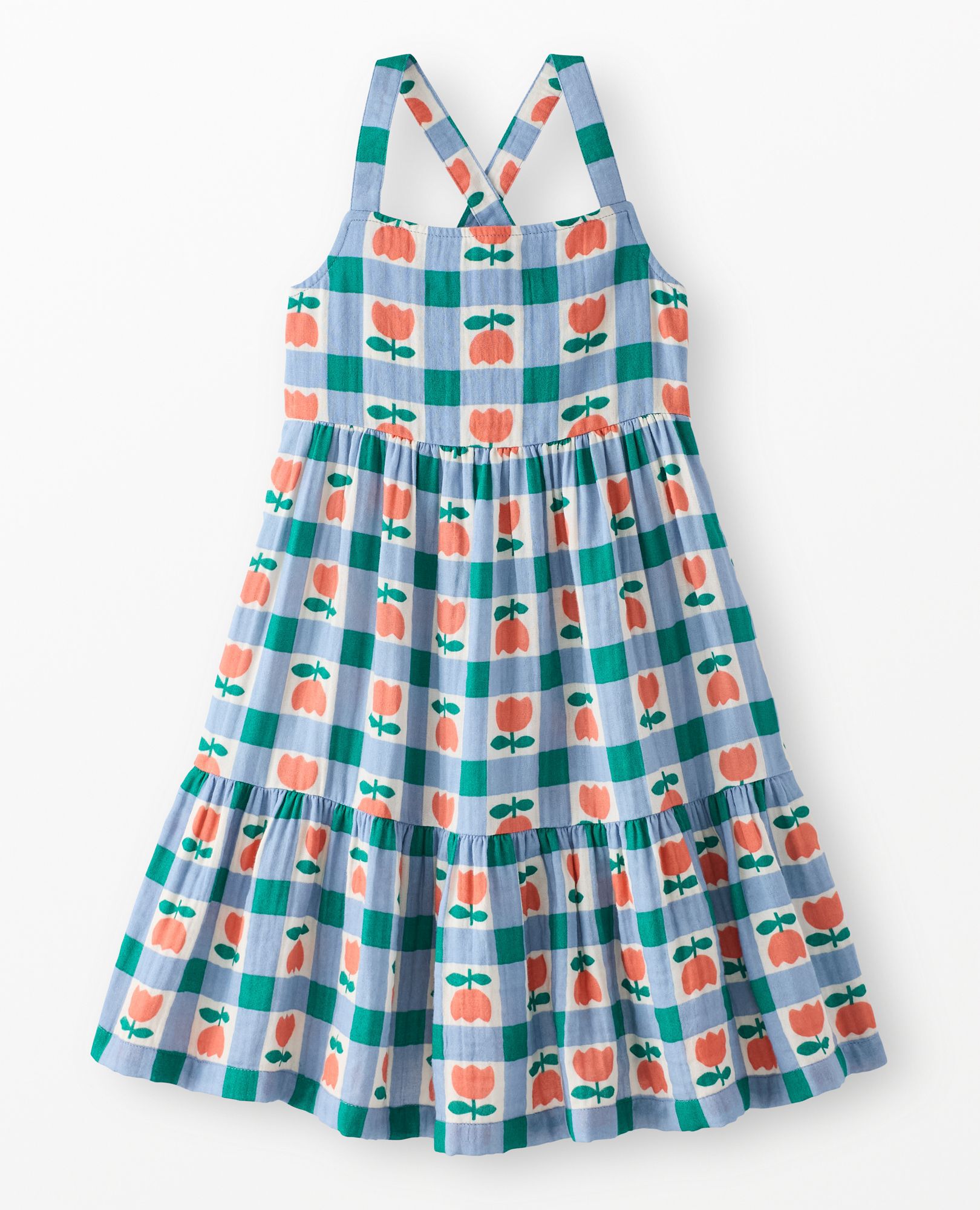 Sleeveless Tiered Muslin Dress in Blue Checkered Tulip - main