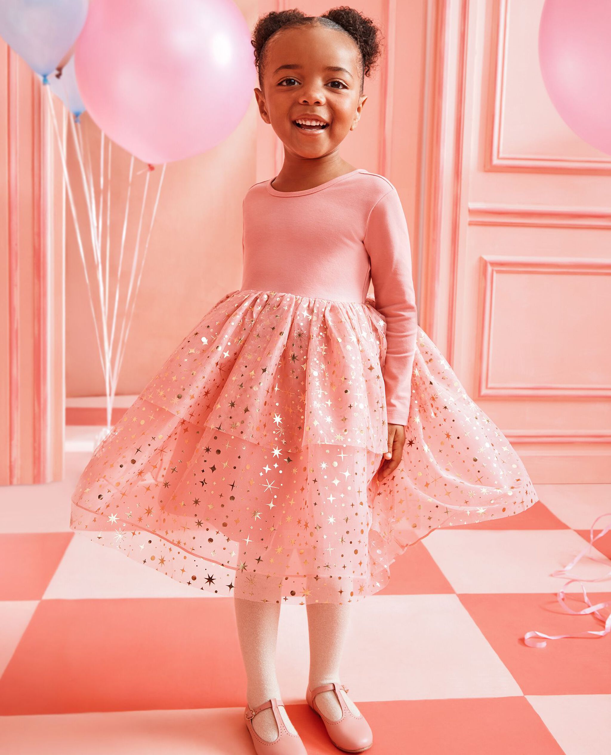 Long Sleeve Tulle Shimmer Dress in Macaron - main