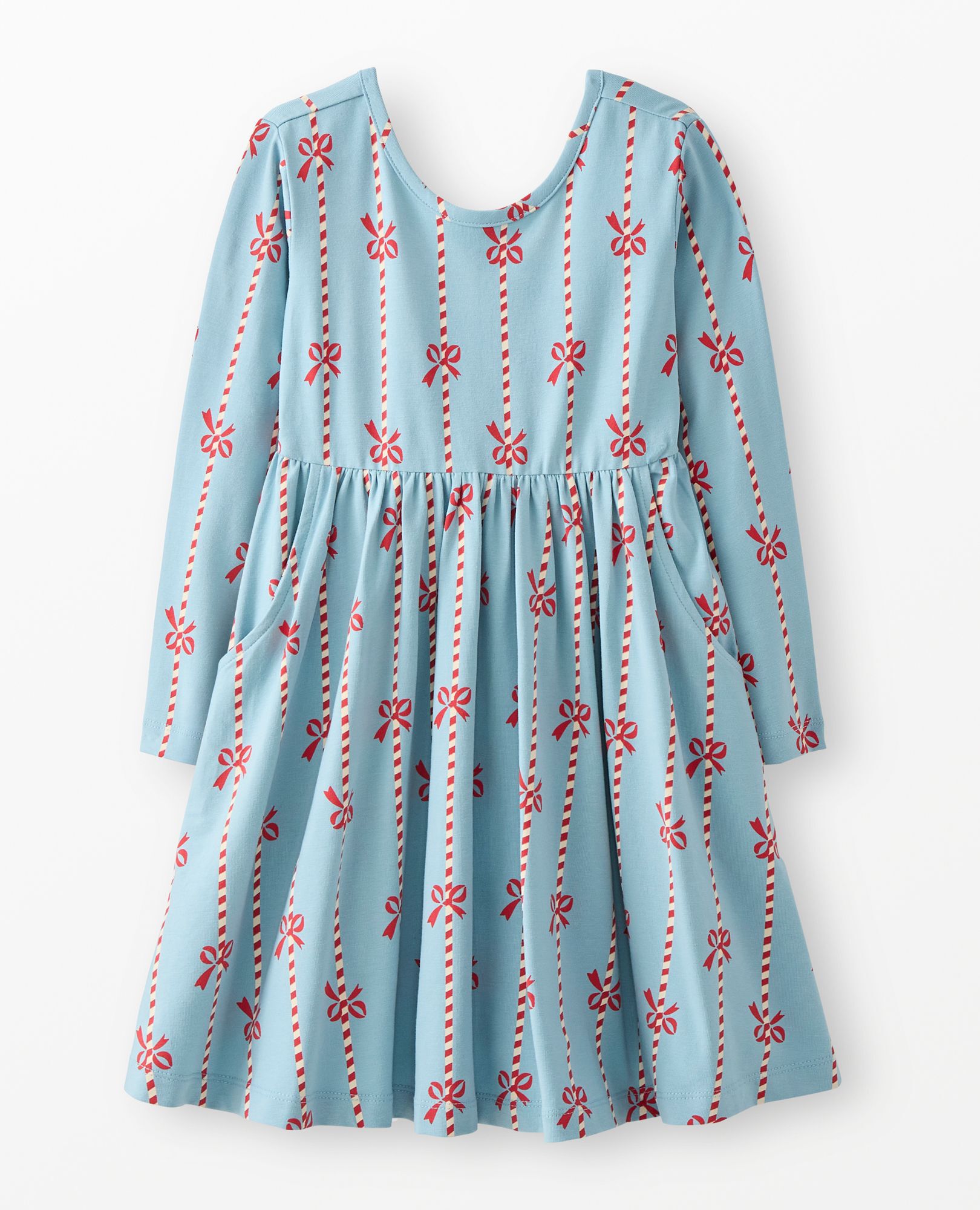 Holiday Long Sleeve Skater Dress with Pockets in Red Bows and Ribbons on Blue - main