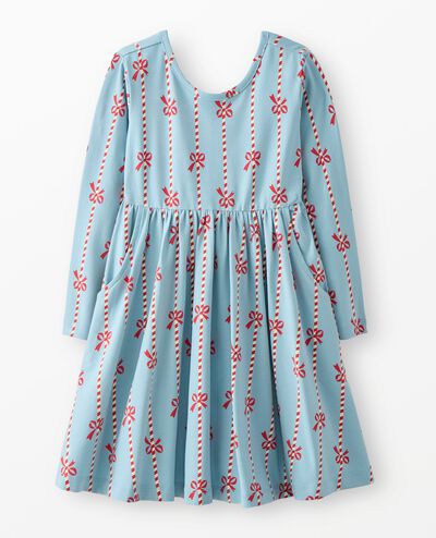 Holiday Long Sleeve Skater Dress with Pockets in Red Bows and Ribbons on Blue - main