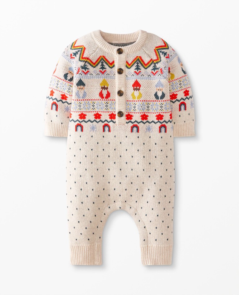 Baby Holiday Romper In Combed Cotton in Rainbow Gnomes on Ecru - main