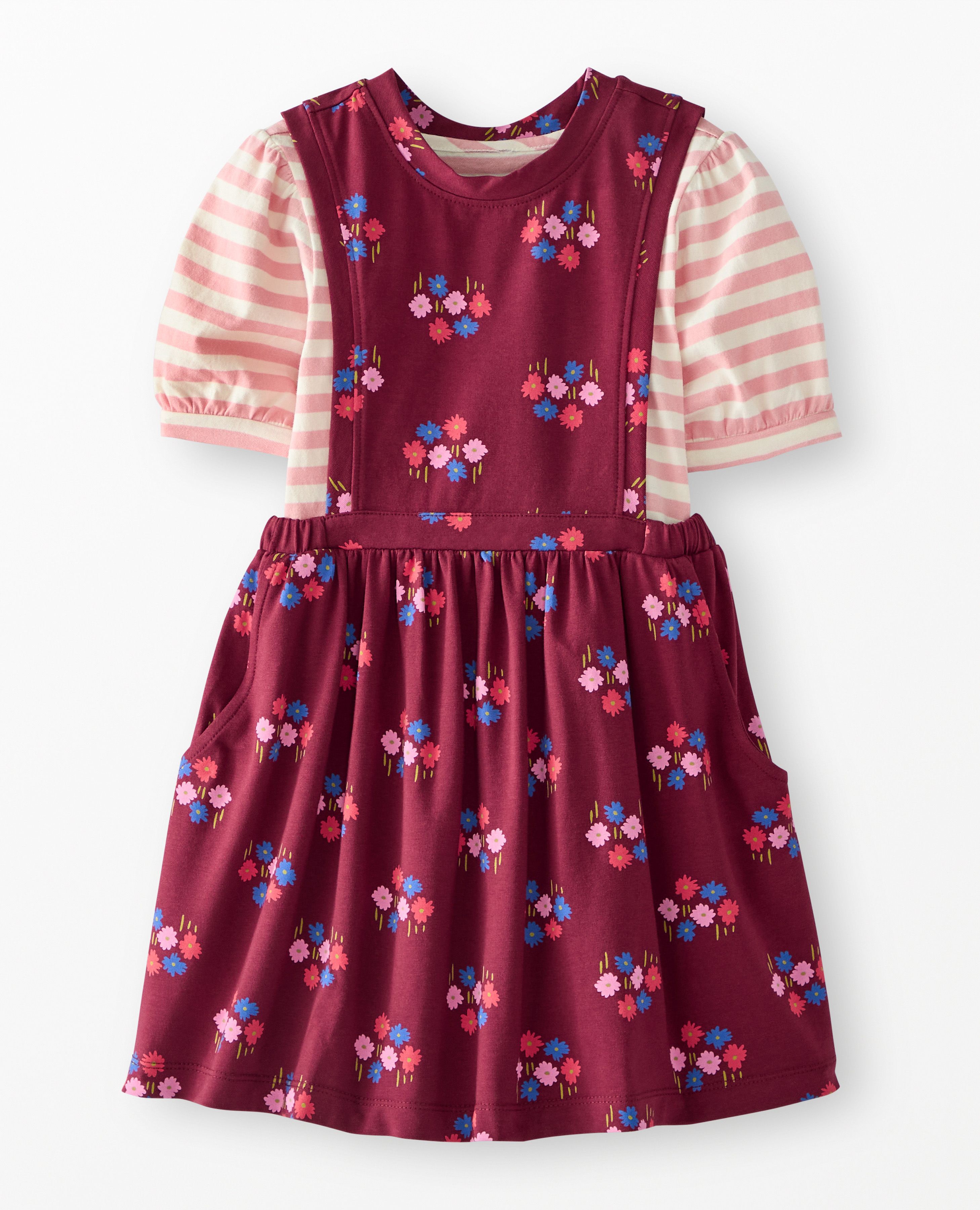 Balloon Sleeve T-Shirt & Pinafore Dress Set in Flowers on Cherry Lacquer - main