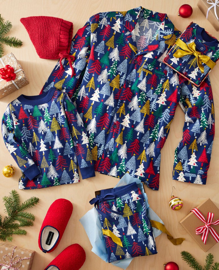 Holiday Print Long John Pajama Set in Twinkly Trees on Navy - main