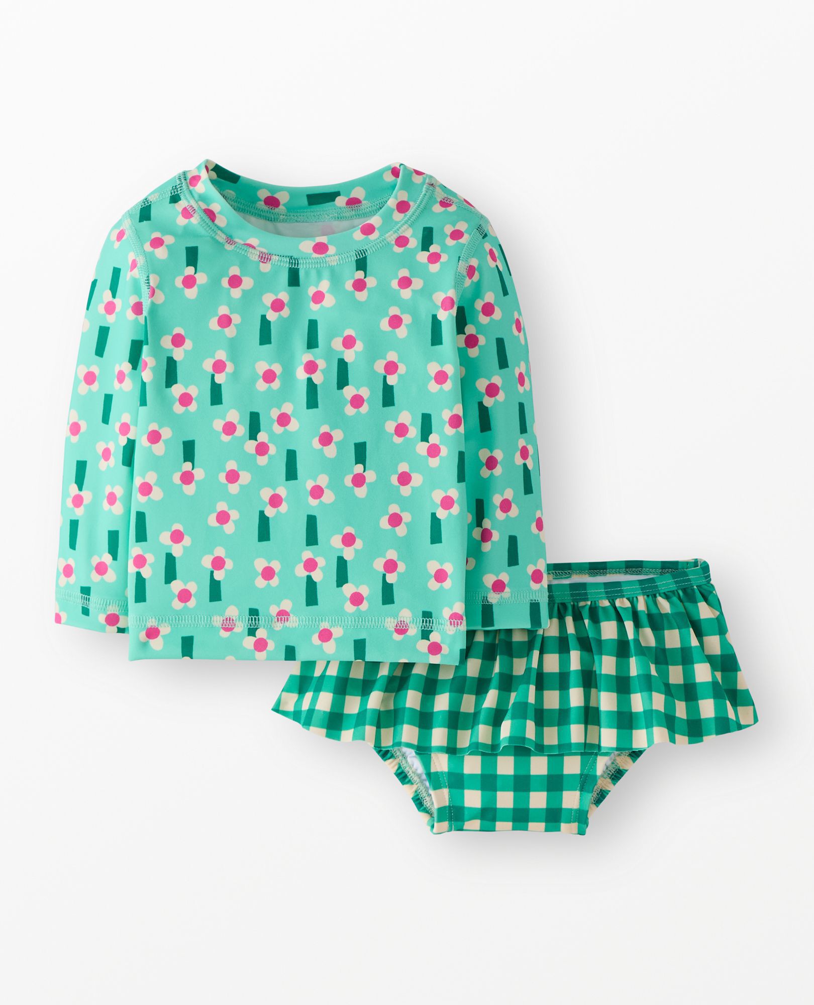 Baby Rashguard & Skirted Bikini Bottom Set in Field of Flowers on Green - main