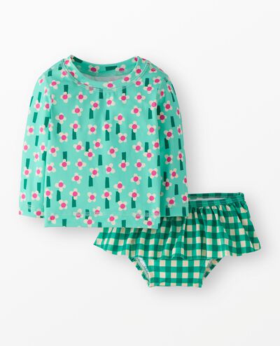 Baby Rashguard & Skirted Bikini Bottom Set in Field of Flowers on Green - main
