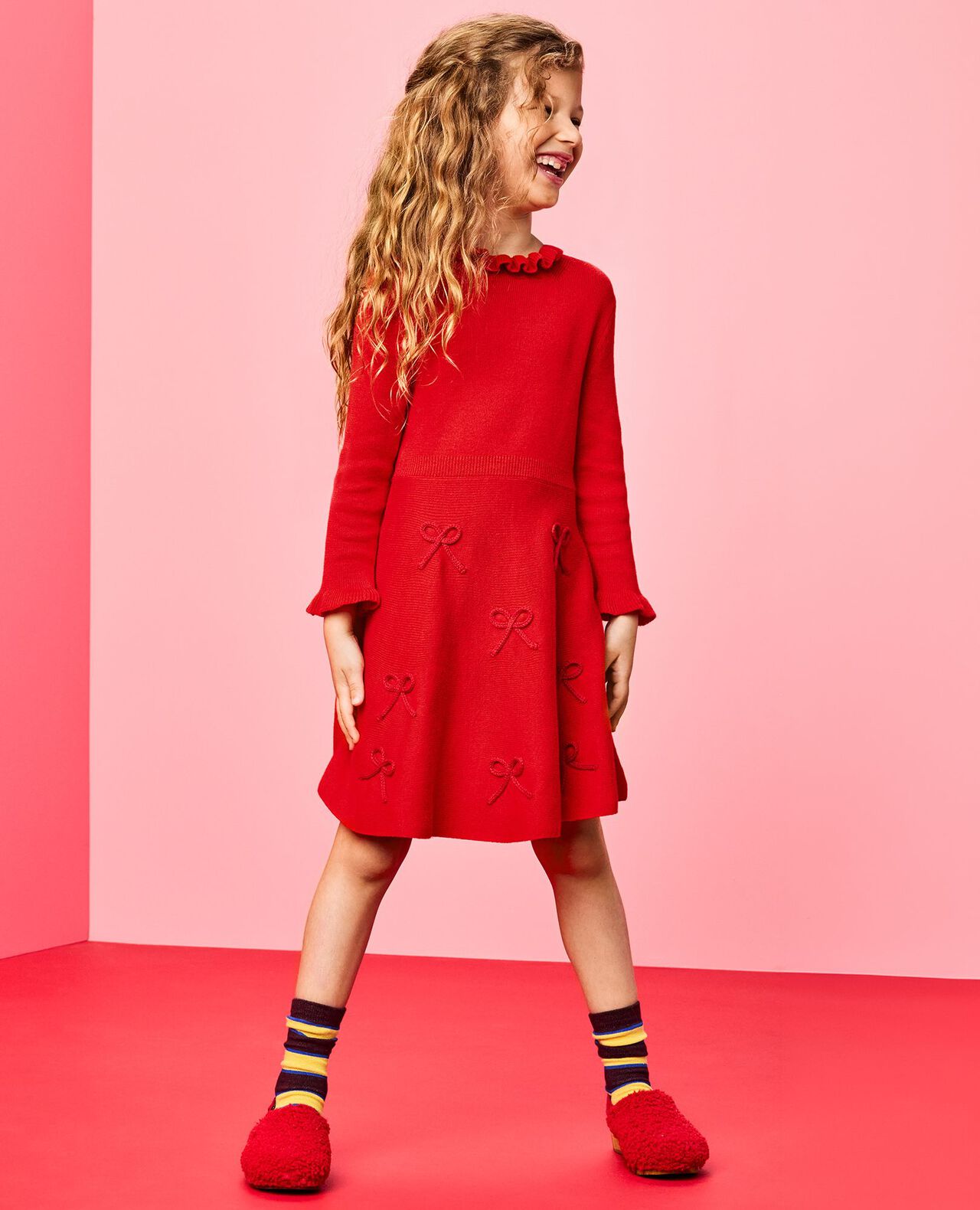 Mock Neck Embroidered Sweater Dress in Ribbon Red - main
