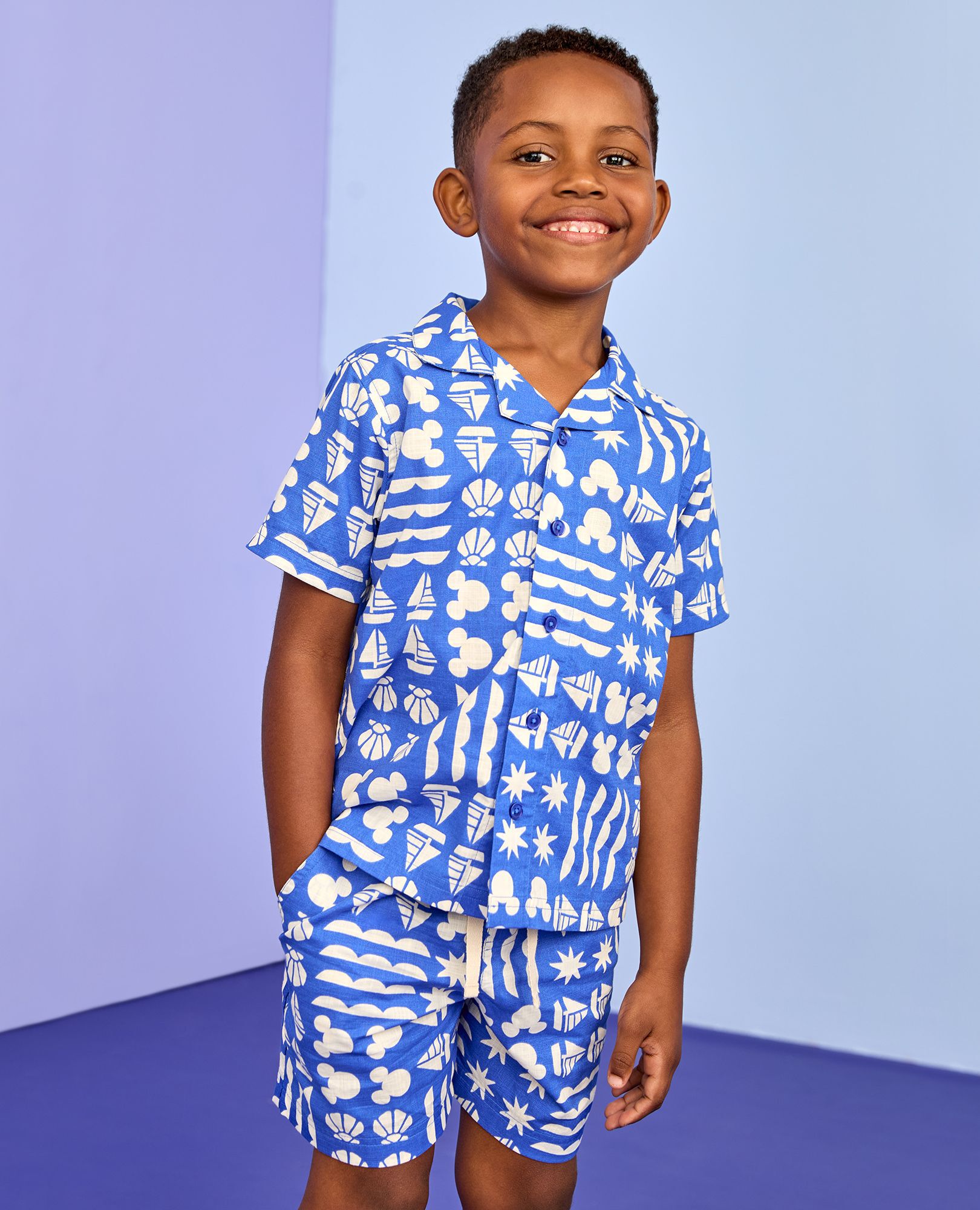 Disney Mickey Mouse Poplin Button Up Shirt & Shorts Set in Mickey Mouse Sail Patchwork Blue - main