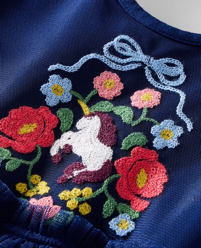 Long Sleeve Tulle Embroidered Dress in Magical Unicorn on Navy Blue - main