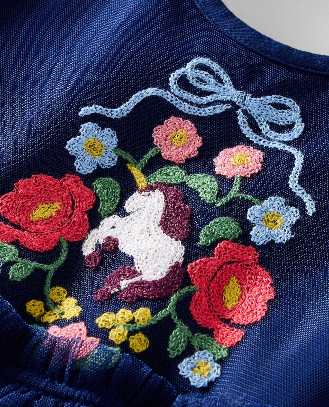 Long Sleeve Tulle Embroidered Dress in Magical Unicorn on Navy Blue - main