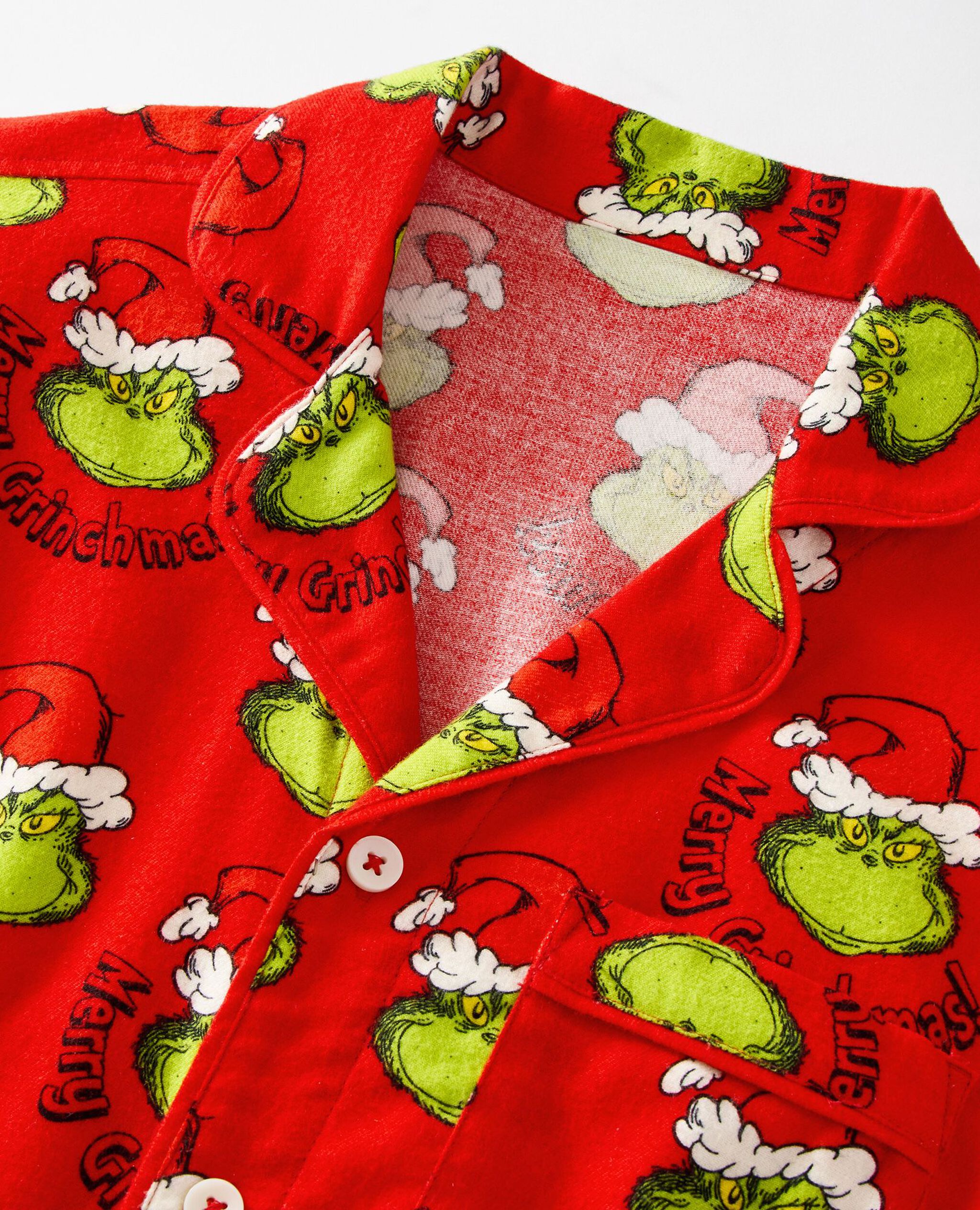 Adult Dr. Seuss Grinch Flannel Pajama Top in Merry Grinchmas on Red - main