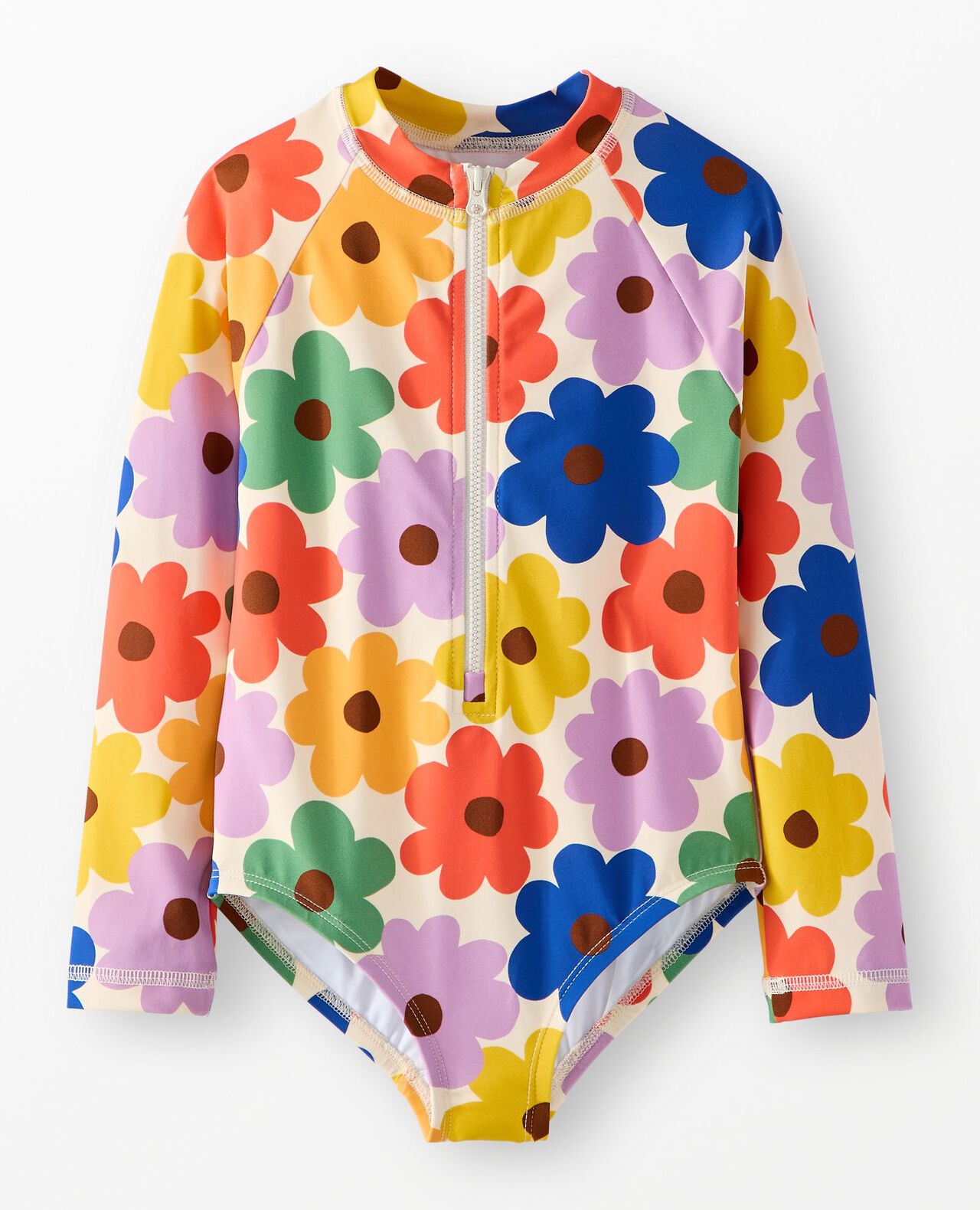 One-Piece Rashguard Swimsuit in Multicolored Spring Daisies on Ecru - main
