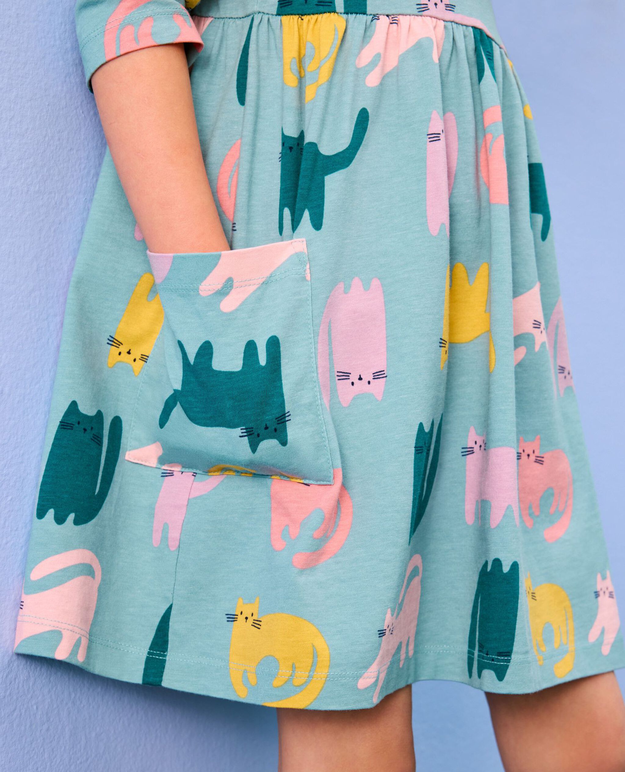 Long Sleeve Playground Dress with Pockets in Playful Cats on Cameo Blue - main
