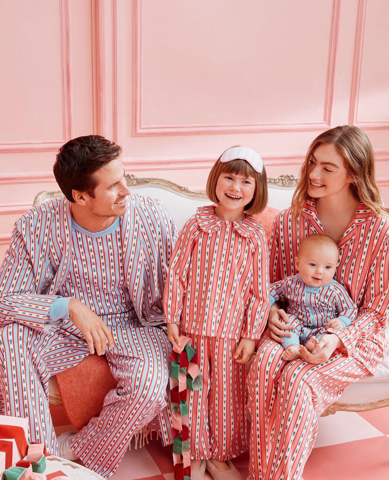 Adult Holiday Relaxed Fit Pajama Set in Tree Ribbons on Blue - main