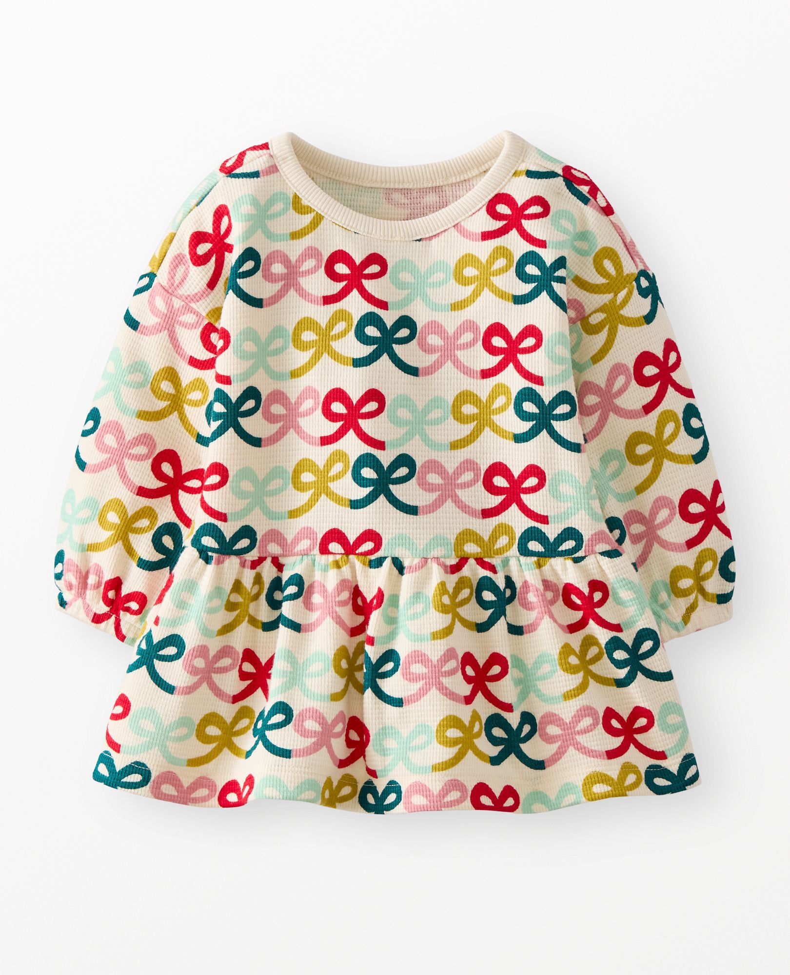 Baby Long Sleeve Waffle Dress in Multi Bows - main