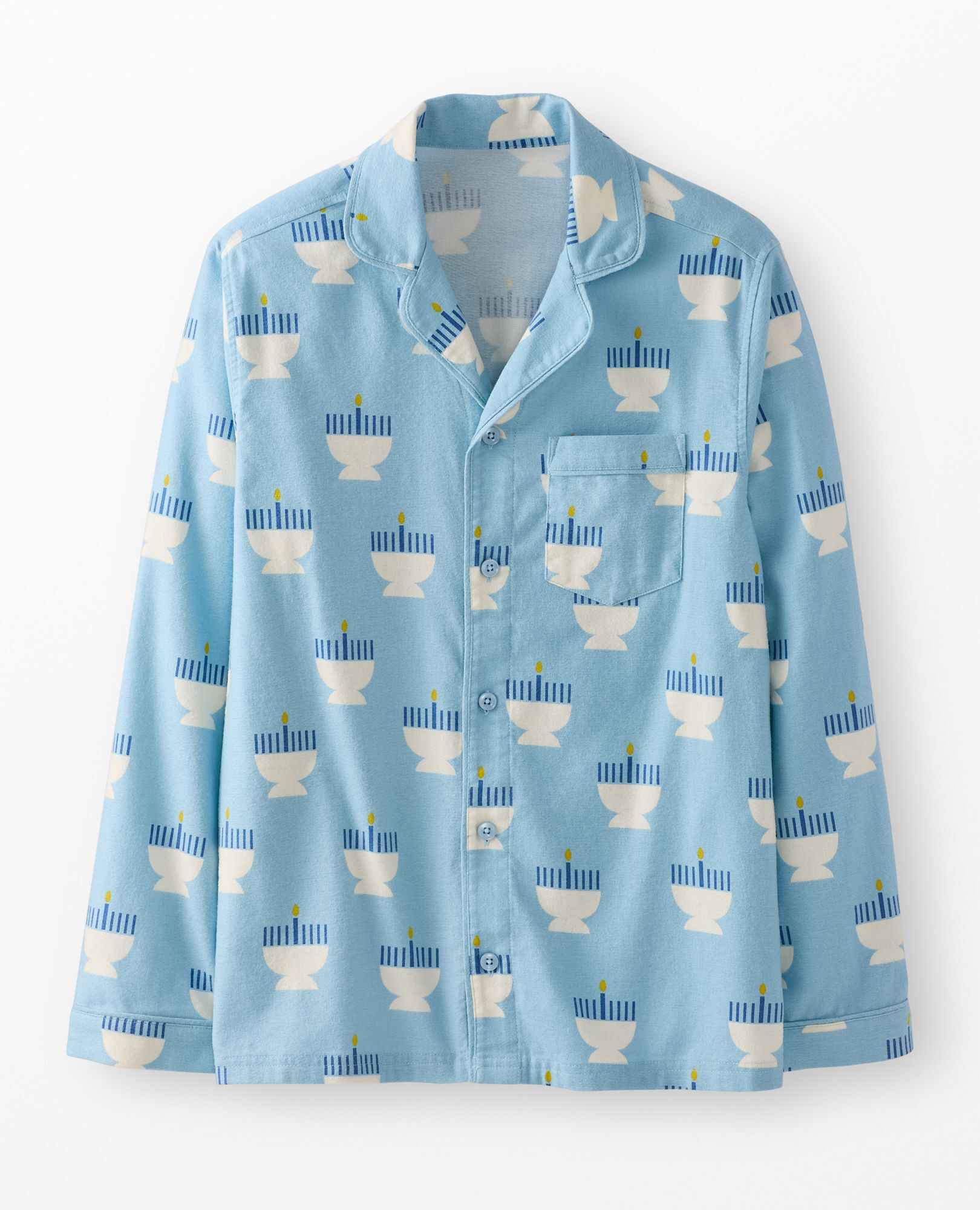 Adult Holiday Flannel Pajama Top in 8 Nights of Light on Blue - main